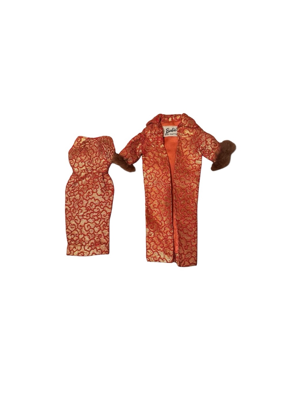 Vintage 1960Barbie Red Orange and Gold Brocade Dress with Brown Fur-Cuff Coat